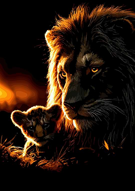 Lion and cub in warm light