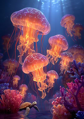 Jellyfish and Turtle Underwater Scene