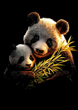 Mother and baby panda with bamboo