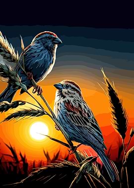 Two Sparrows at Sunset