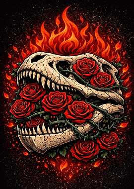 Dinosaur Skull with Roses and Flames