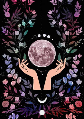 Mystical Moon and Hands Floral Art