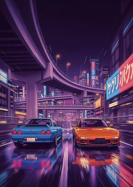 Retro Anime Cars in Neon City