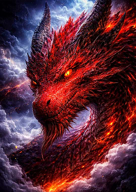 Fiery Red Dragon in Stormy Skies