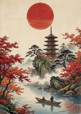 Japanese Pagoda and River Scene