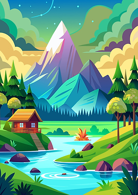 Pixel Art Mountain Cabin Landscape