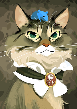 Cat with a Mouse Hat and Fishbone Pendant