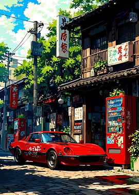 Red Sports Car in Japanese Street