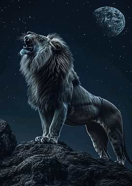 Lion Roaring Under the Moon