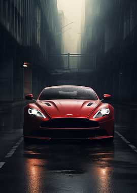Red Aston Martin in rainy city