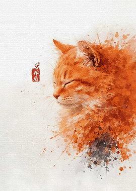 Watercolor Orange Cat with Red Seal