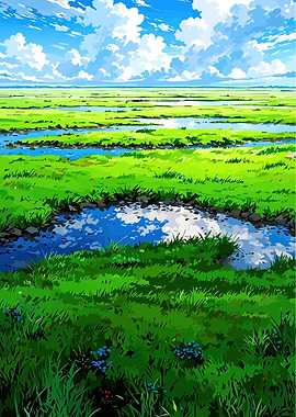 Vast Green Rice Paddies Under a Blue Sky