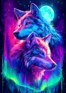Painted Two Neon Wolves