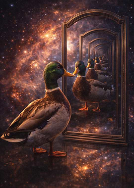 Meme Absurd Duck in a cosmic mirror hall