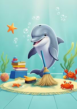 Cute Dolphin Cleaning with a Broom