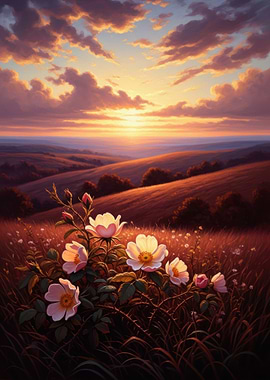 Sunset Over Rolling Hills with Wildflowers