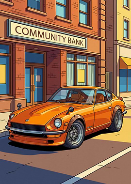 Orange Sports Car in Front of Bank
