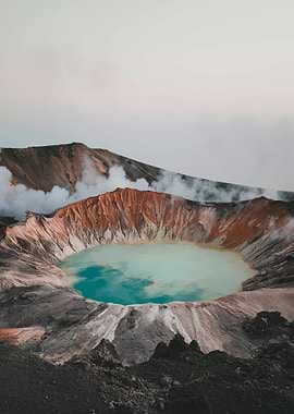 Volcanic Crater Lake with Steam