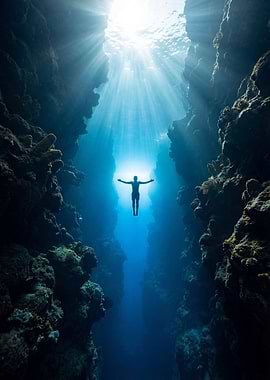 Diver in Sunlit Underwater Canyon