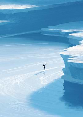 Lone figure on icy landscape