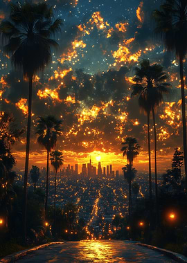 Cityscape at Sunset with Palm Trees