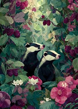 Two Badgers in a Berry Bush
