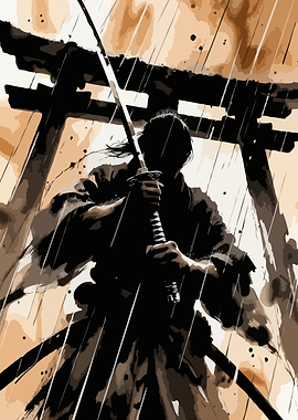Samurai Warrior in the Rain Ink