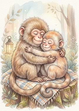 Two Monkeys Hugging in Forest