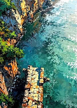 Cliffside overlooking turquoise water with stone structure