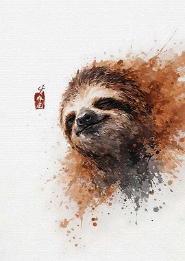 Watercolor Sloth with Japanese Seal
