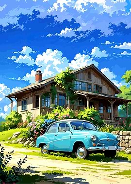 Vintage Car in Front of a Rustic House