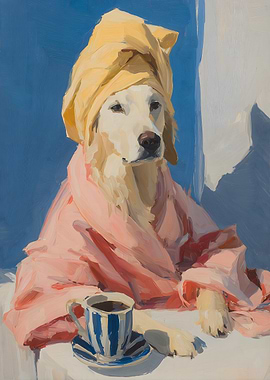 Dog in Robe with Coffee