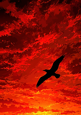 Silhouette of a bird against a fiery sunset