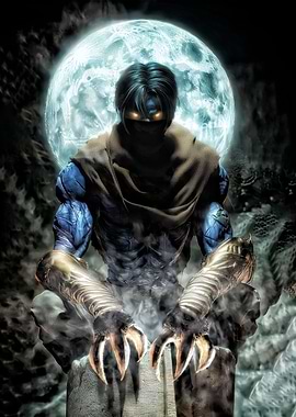 Ninja with glowing eyes and claws