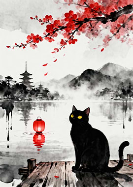 Black Cat by a Lantern in Japanese Garden