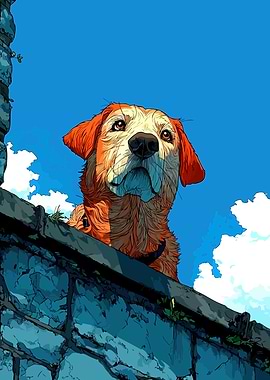 Dog looking over a wall