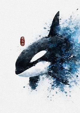 Watercolor Orca Splashing Water