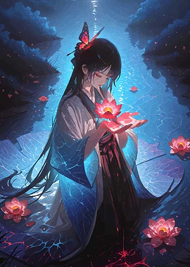 Anime Girl with Lotus and Butterfly