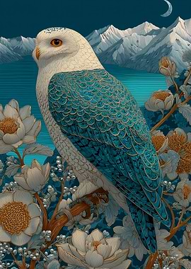 Snowy Owl with Floral and Mountain Background