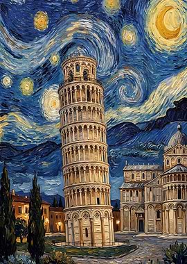 Leaning Tower of Pisa in Starry Night Style