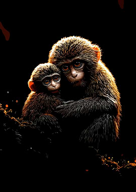 Mother and baby monkey hugging