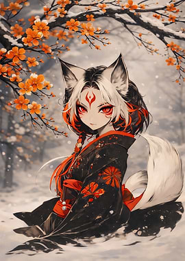 Kitsune Girl in Winter Kimono