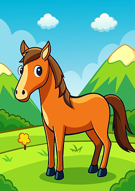 Cartoon Horse in a Grassy Field