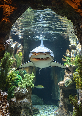 Shark swimming through underwater cave