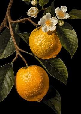 Bergamot Orange Tree Branch with Fruit and Flowers