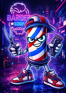 Barber Pole Character with Scissors and Clippers