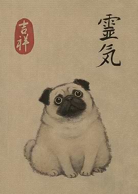 Cute Pug with Japanese Calligraphy