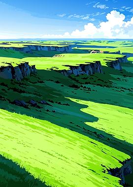 Vast Green Plains with Layered Cliffs