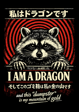Raccoon Dragon Poster, Funny Dumpster Panda Wall Art, Vintage Japanese Style Print