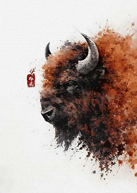 Watercolor Bison with Red Seal
